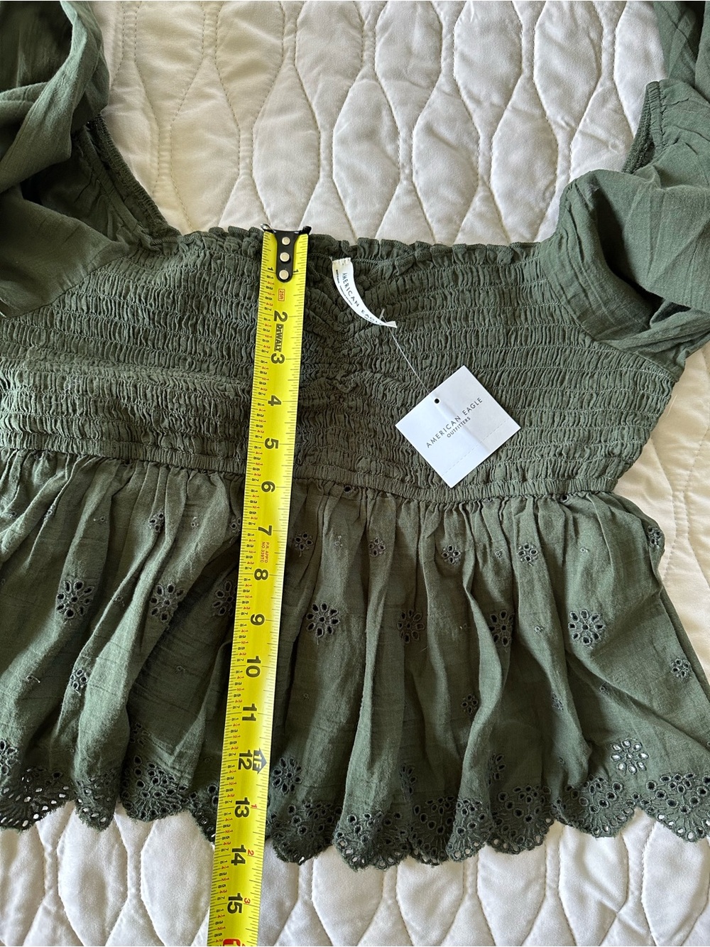 NWT American Eagle Olive Green Long Sleeve Eyelet Peplum Blouse Smocked Boho M - Picture 6 of 7